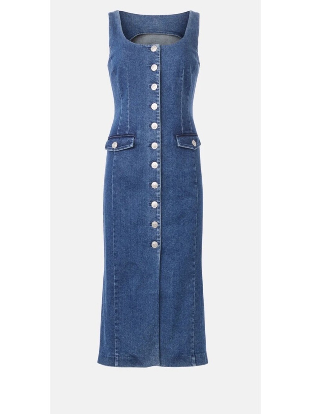Toccin Raven Denim Scoop Neck Button Front Sleeveless Fitted Midi Dress Sz8 $400